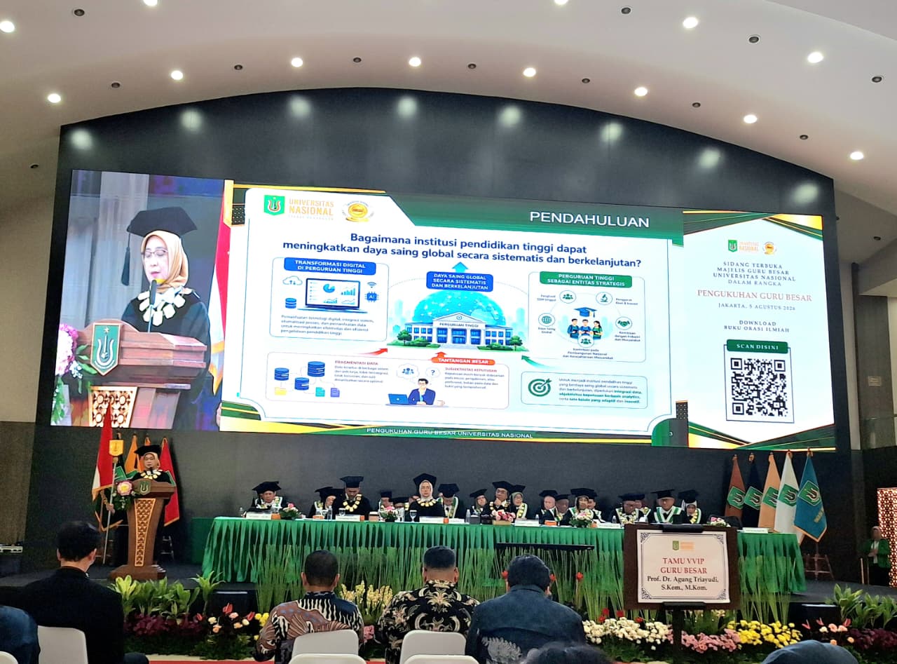 Prof. Dr. Septi Andryana menyampaikan orasi ilmiah dalam Sidang Terbuka Majelis Guru Besar Universitas Nasional