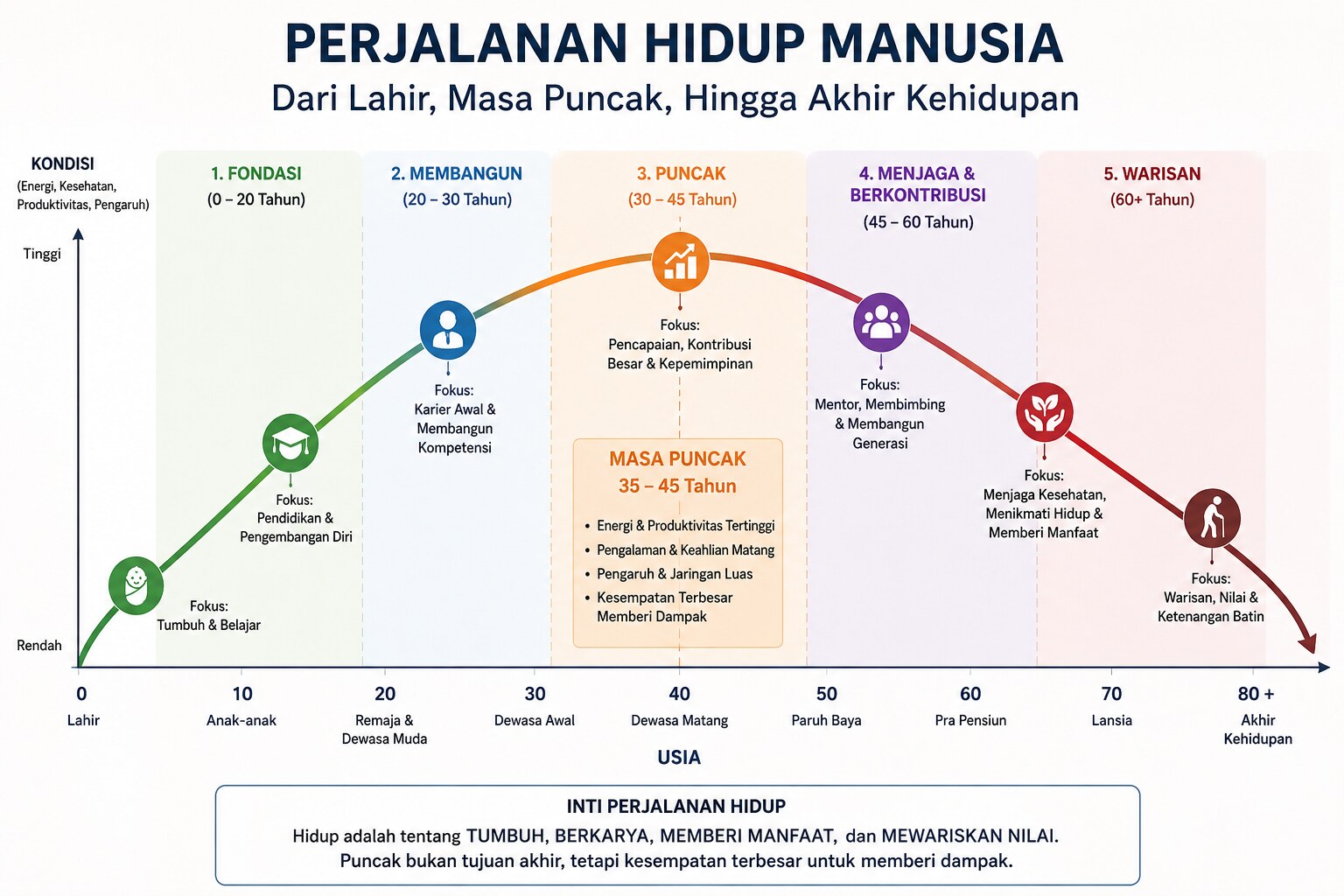 Ilustrasi perjalanan hidup manusia dari fondasi hingga warisan
