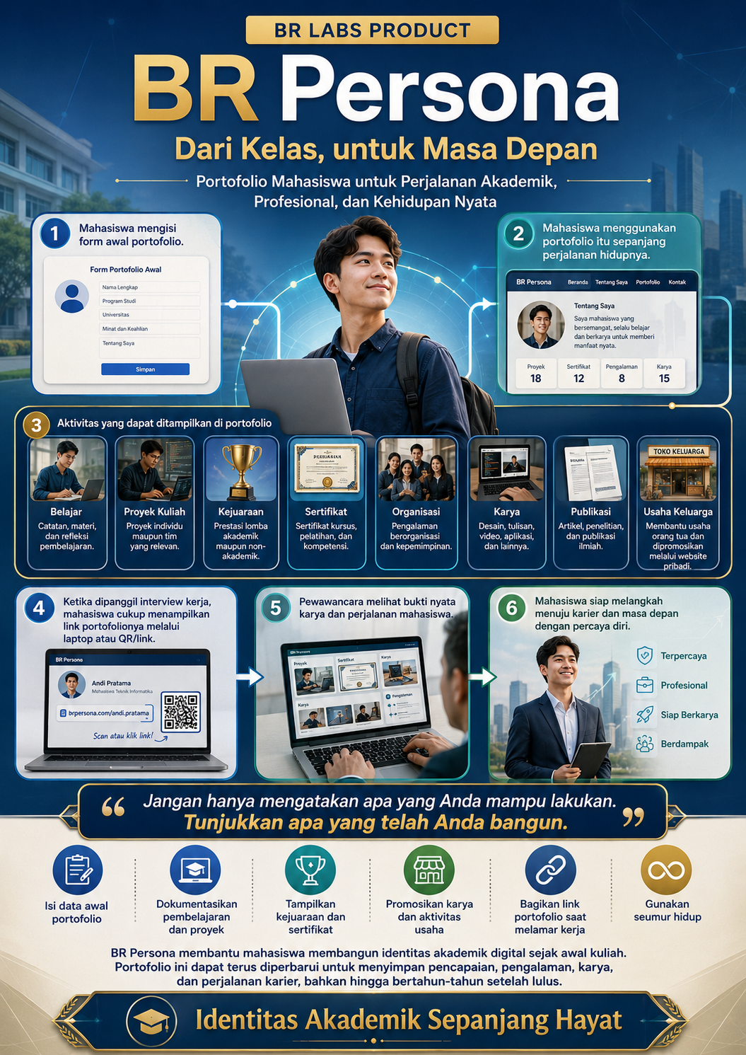 Infografik perjalanan mahasiswa bersama BR Persona dari mengisi portofolio hingga wawancara kerja