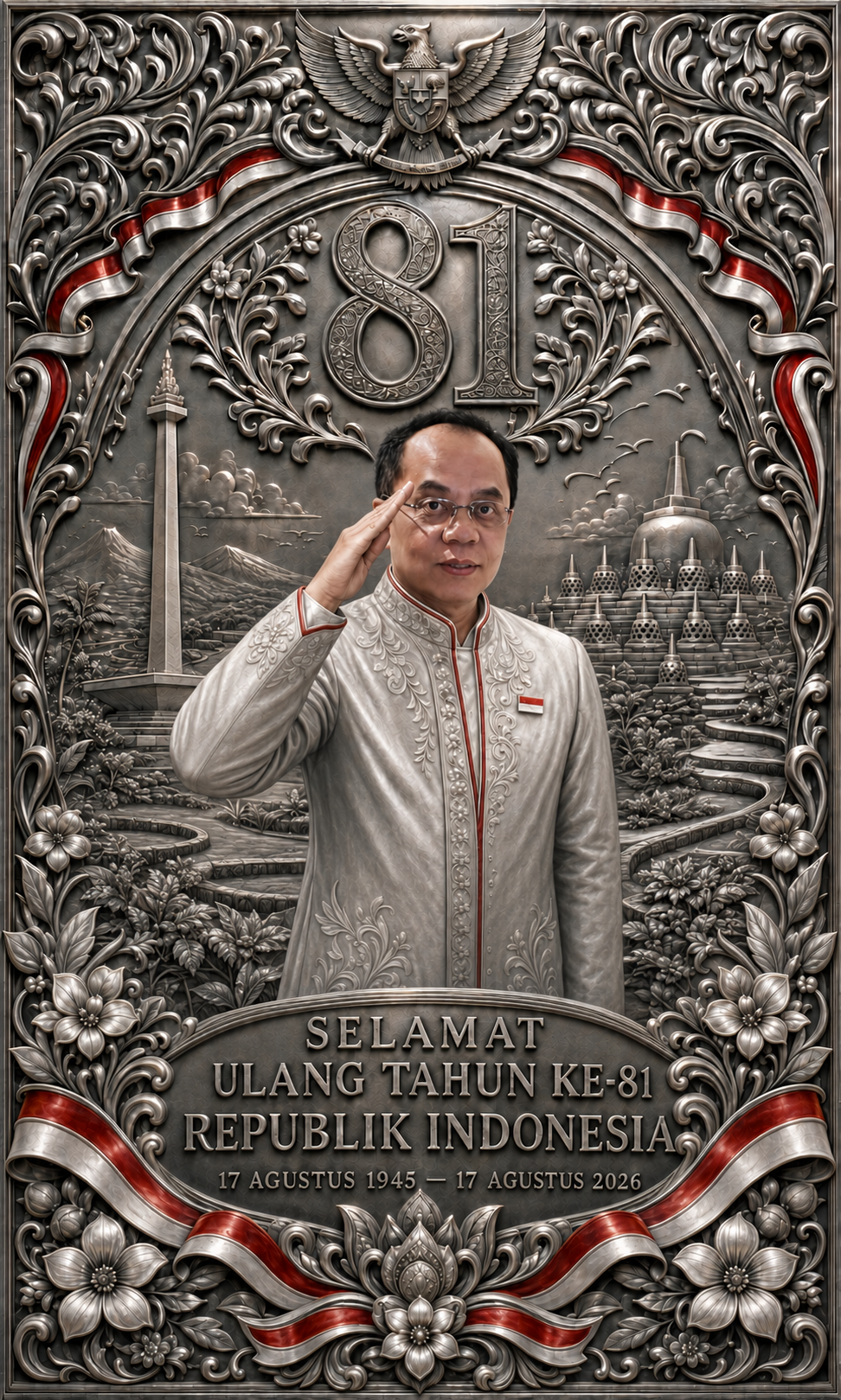 Dr. H. Benrahman memberi hormat dalam ukiran perak HUT ke-81 Republik Indonesia