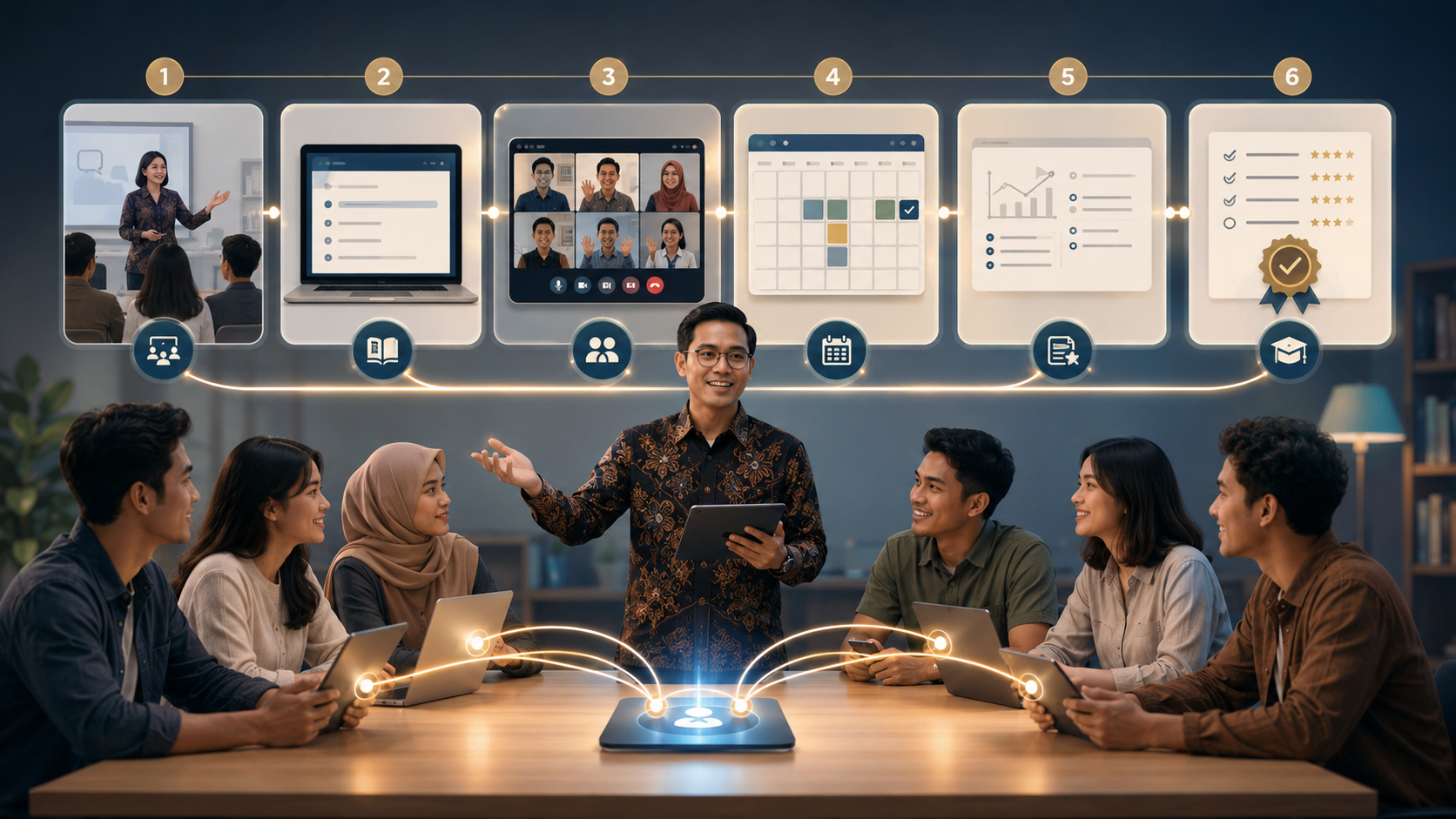 Ilustrasi ekosistem pembelajaran yang menghubungkan kelas, panduan digital, pertemuan daring, kalender, laporan kemajuan, dan evaluasi