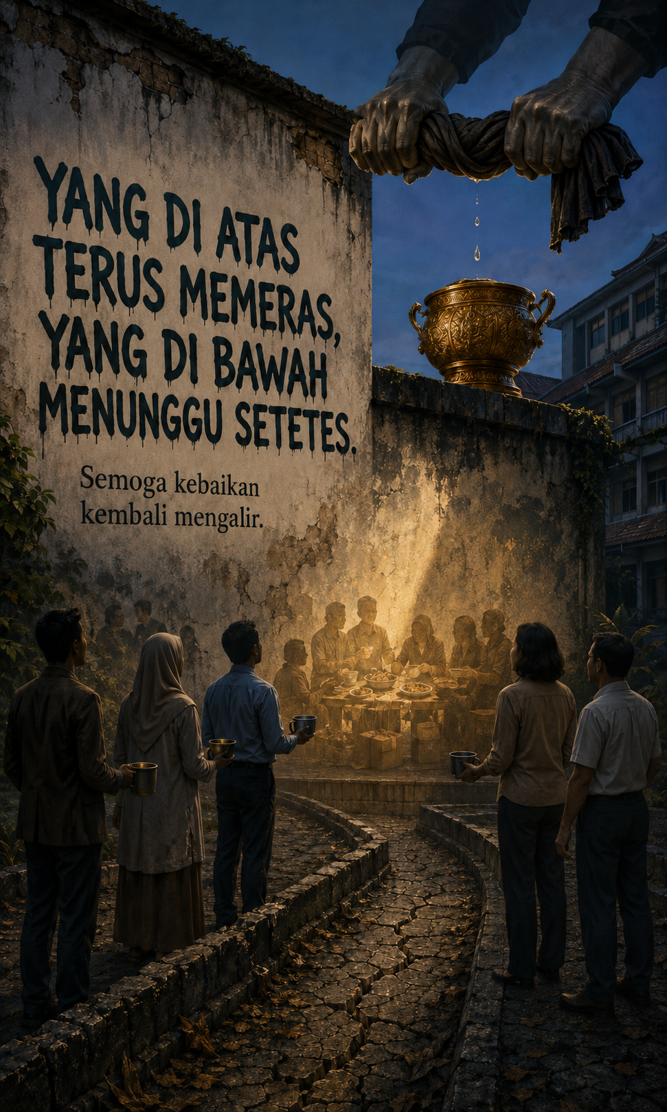Flyer reflektif: Yang di atas terus memeras, yang di bawah menunggu setetes. Semoga kebaikan kembali mengalir.