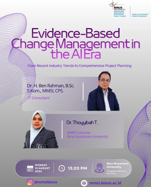 Official flyer for the Evidence-Based Change Management in the AI Era visiting lecture at BINUS University